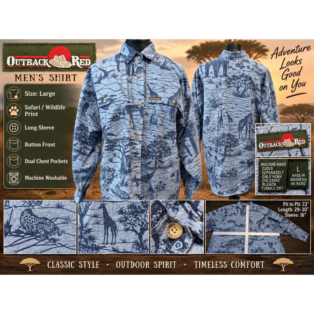 Outback Red Mens Safari Wildlife Print Cotton Button Up Shirt Blue Large